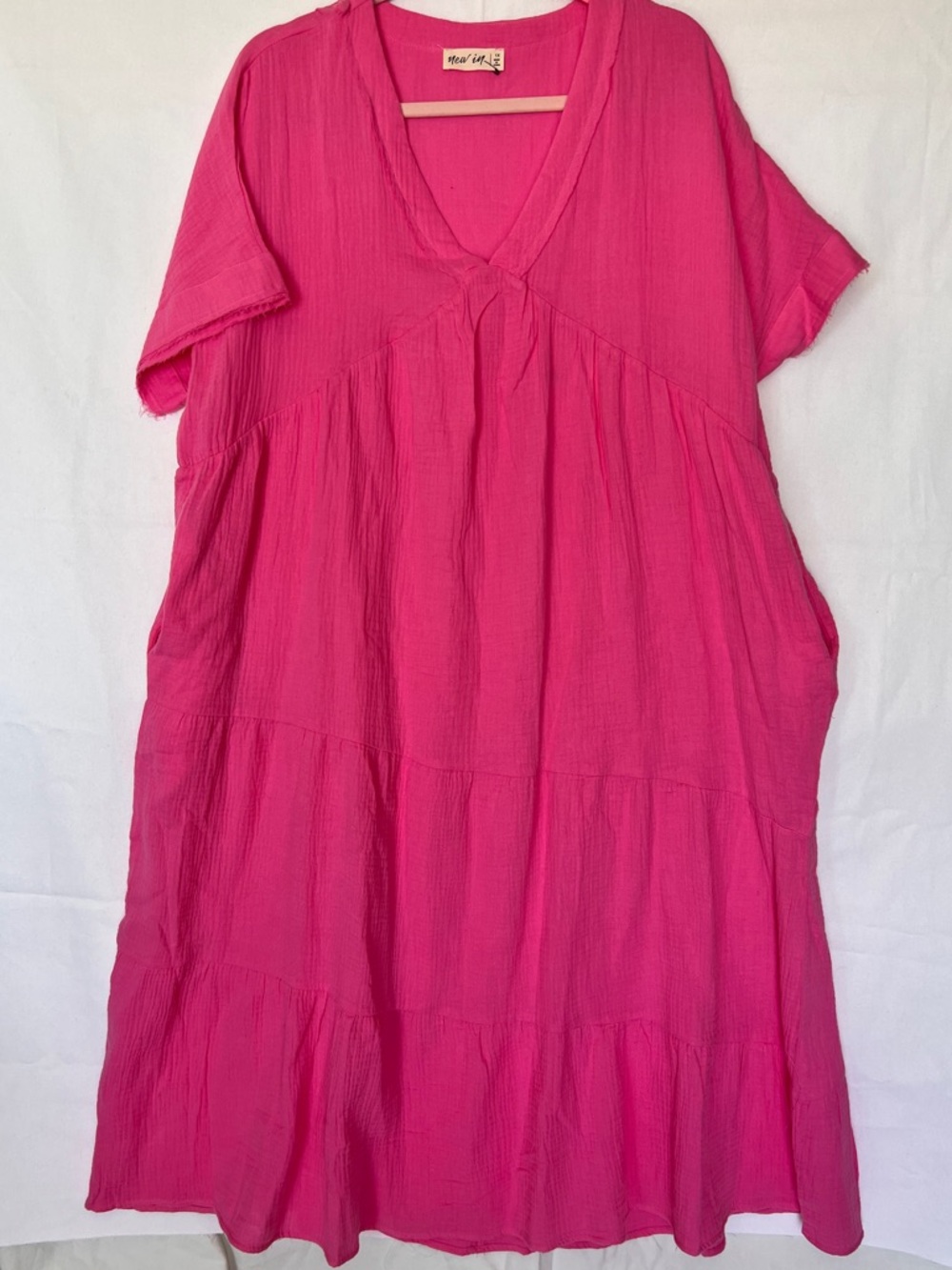 Relaxed  GAUZE COTTON Tiered Midi Dress in BUBBLEGUM PINK  by NeW In 1XNWOT